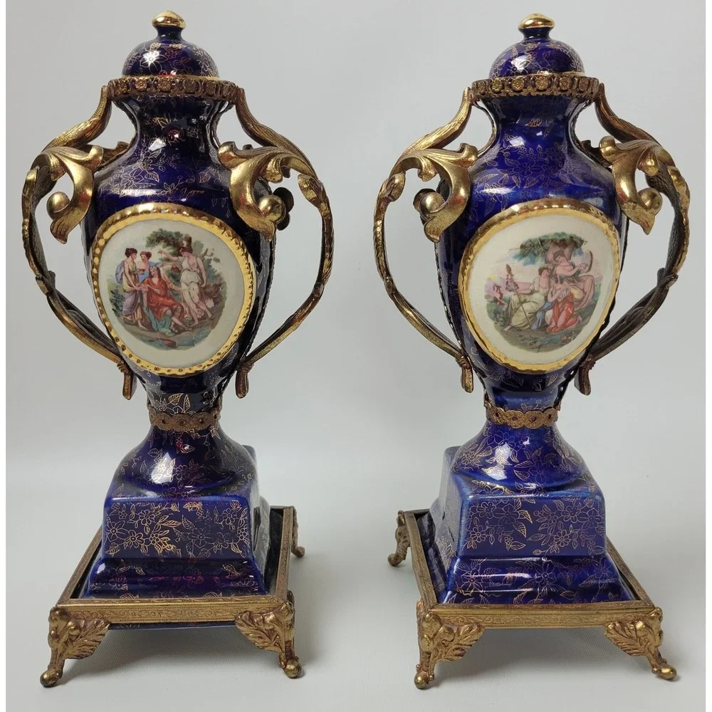 Empire Porcelain Cobalt Gold Gilded Urn Centerpiece 3pc Garniture Set England